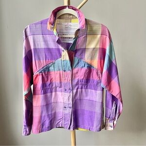 Vintage‎ Patchwork Madras Plaid Shirt Women's Small Pink Purple Preppy Coastal
